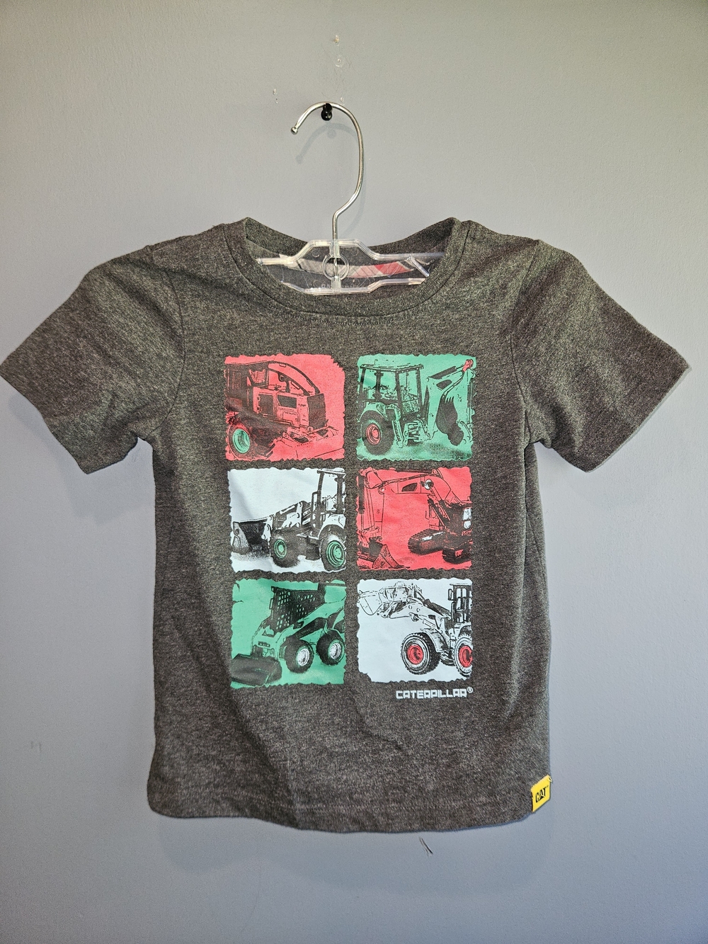 Caterpillar Gray Short-Sleeve Tee with Red & Teal Vehicle Graphics No Tag